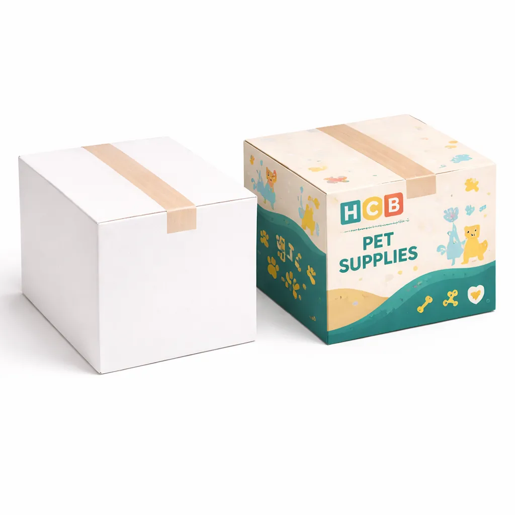 Two square cardboard shipping cartons, one plain white and one featuring a colourful pet supplies design. class=